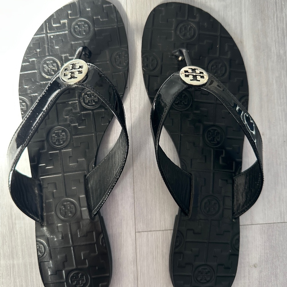 Tory Burch Black Sandals with Gold Logo